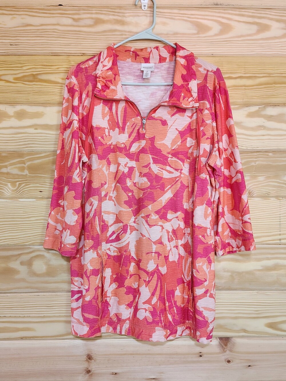 Chico’s Weekends Size 2 (L) Pink Orange Floral 100% Cotton Quarter Zip Tunic Top